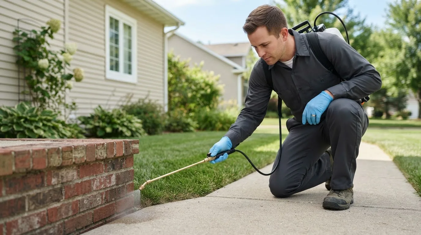 Pest control technician treating a home near Hampstead, MD
